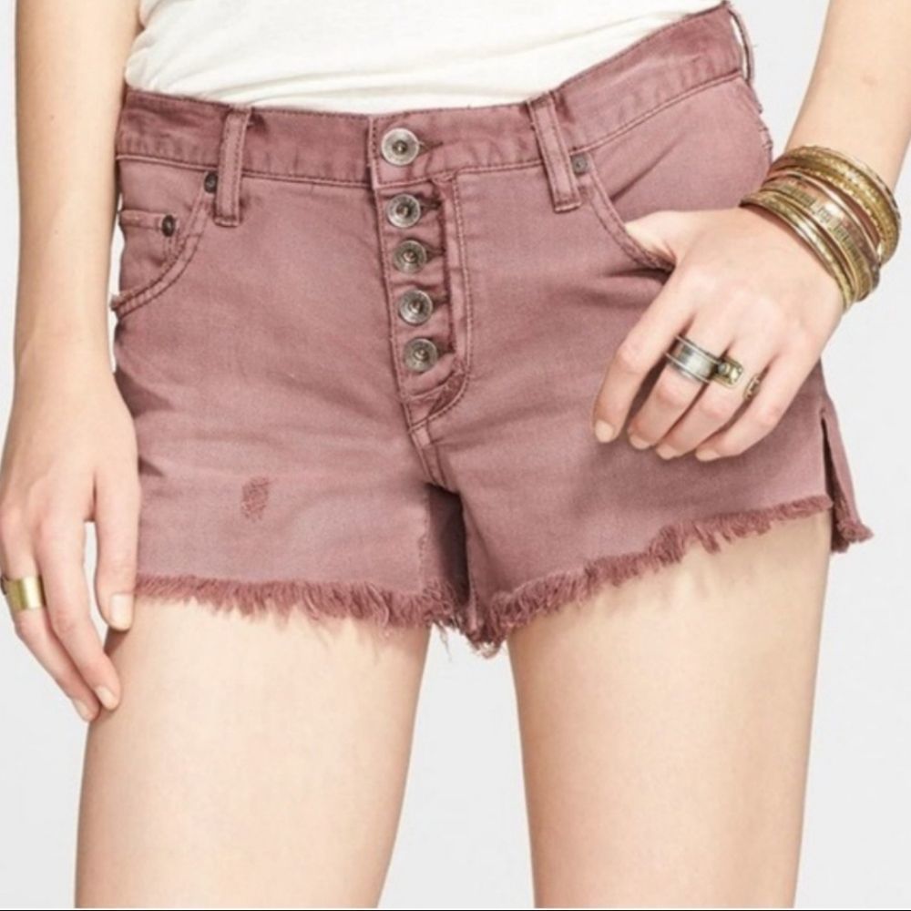 Free People Mauve Pink Distressed Button-Front Jean Shorts